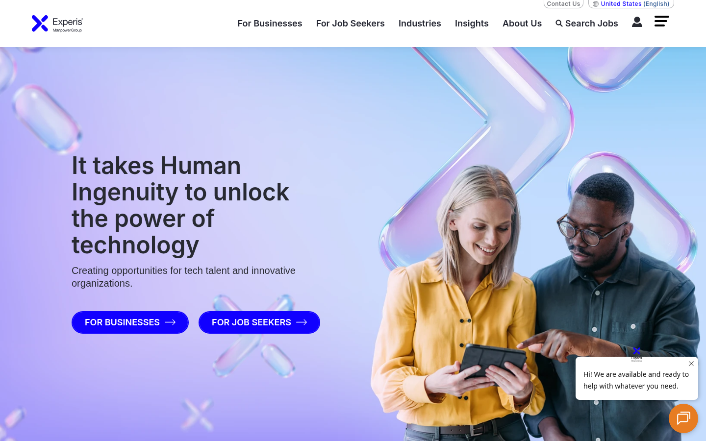 Screenshot of the Experis website homepage